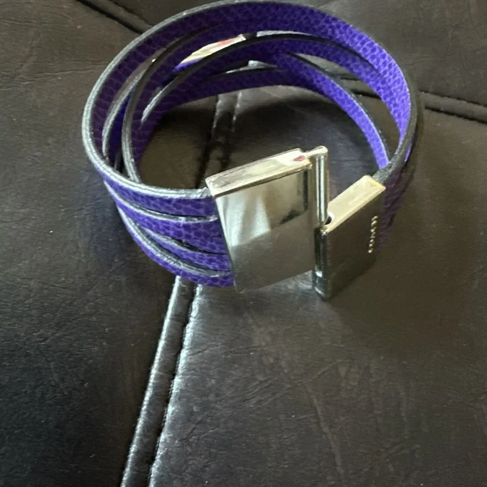 Coach‎ Purple Leather Snakeskin Bracelet Silver Tone Metal Clasp Wrap Logo